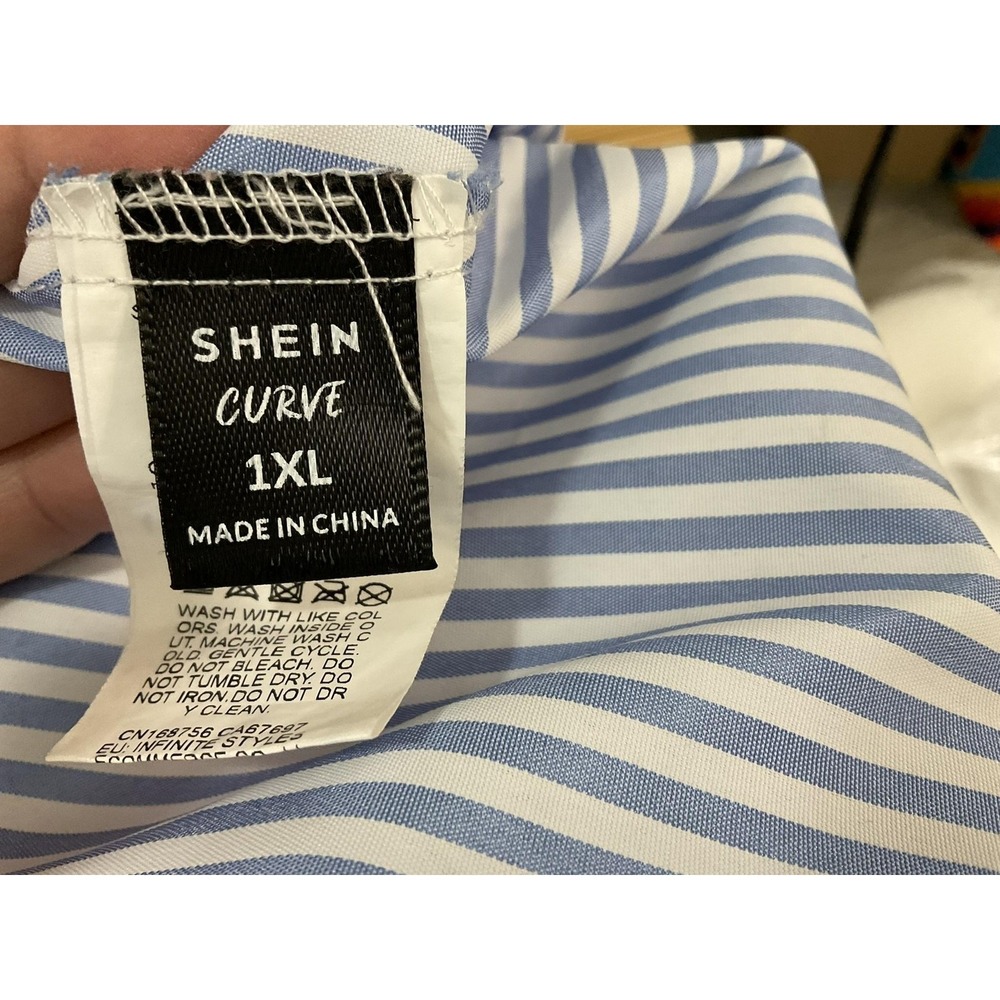 Shein Blouse Womens 1XL Blue Striped Collared Puff Sleeve Tunic Top Plus Size - Picture 9 of 9